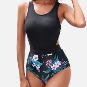 Tempt Me black with floral bottom bathing suit size L NWT